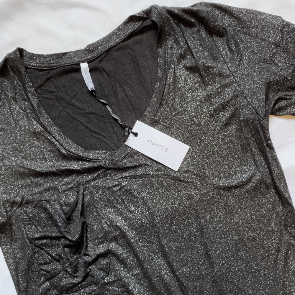 Short Sleeve Black Silver Sparkle V-Neck